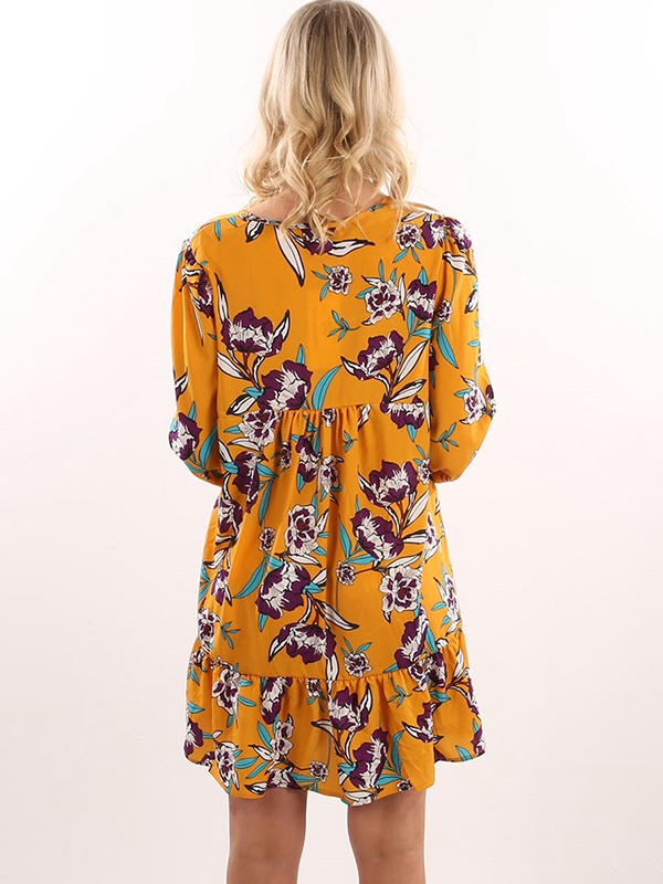 Yellow Flora Printed V Neck Curvy Dress