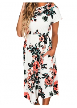 White Short Sleeve Floral Shift Dress