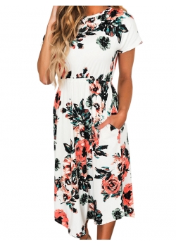 White Short Sleeve Floral Shift Dress