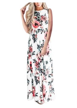  White Flower Printed Sleeveless Dress