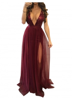 Amazing Wine Red  Lace Overlay Slit Evening Gown