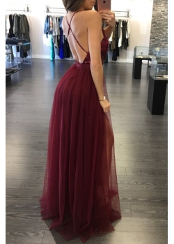 Amazing Wine Red  Lace Overlay Slit Evening Gown