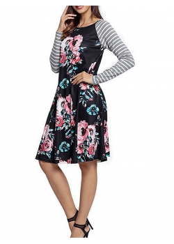 Black Backdrop Floral Print A-line Loose T-shirt Dress