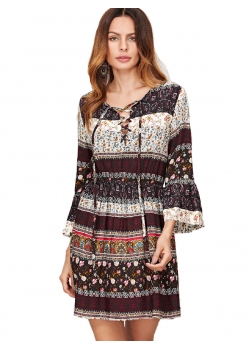 Black Boho Print Long Sleeve Floral Dress