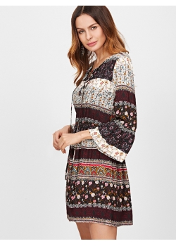 Black Boho Print Long Sleeve Floral Dress