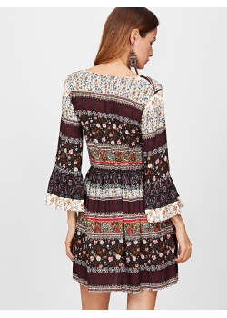 Black Boho Print Long Sleeve Floral Dress