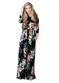 Black Floral Print Wrapped Boho Dress