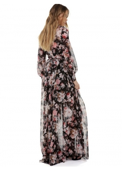 Black Floral Print Wrapped Long Boho Dress