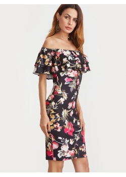 Black Flounce Layered Neckline Flower Print Dress