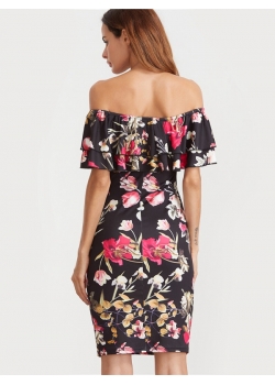 Black Flounce Layered Neckline Flower Print Dress