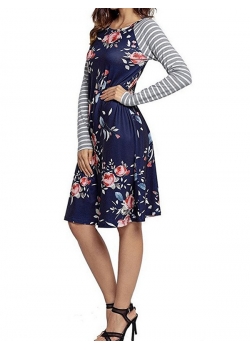 Blue Backdrop Floral Print A-line Loose T-shirt Dress