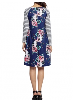 Blue Backdrop Floral Print A-line Loose T-shirt Dress