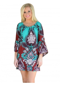 Blue Boho Print Long Sleeve Floral Dress