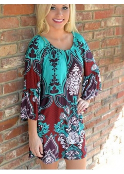 Blue Boho Print Long Sleeve Floral Dress