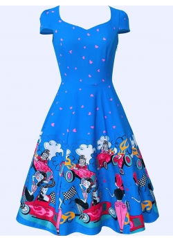 Blue Digital Floral Vintage Swing Dress