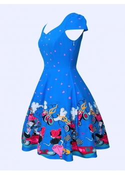 Blue Digital Floral Vintage Swing Dress