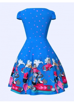 Blue Digital Floral Vintage Swing Dress