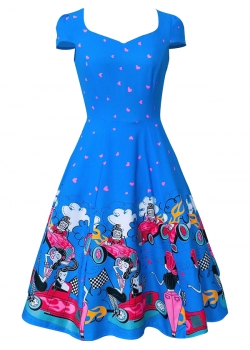 Blue Digital Floral Vintage Swing Dress