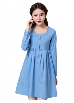 Blue Fashion Casual Long Sleeve Round Dress