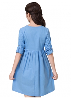 Blue Fashion Casual Long Sleeve Round Dress