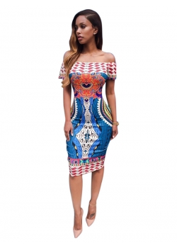 Blue Floral Print Off Shoulder Midi Dress