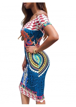 Blue Floral Print Off Shoulder Midi Dress