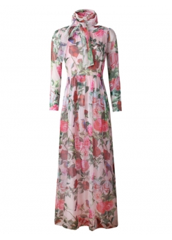 Classic Floral Print Pink Long Sleeve Maxi Dress