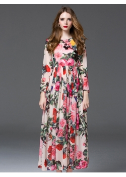 Classic Floral Print Pink Long Sleeve Maxi Dress