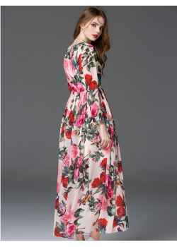 Classic Floral Print Pink Long Sleeve Maxi Dress