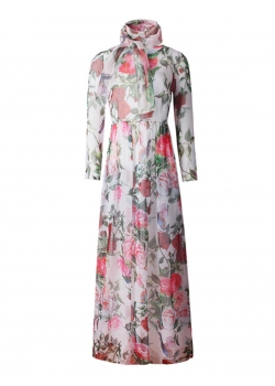 Classic Floral Print White Long Sleeve Maxi Dress