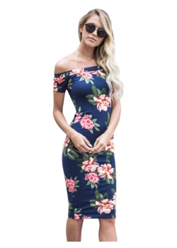 Dark Blue Floral Off Shoulder Midi Dress