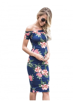 Dark Blue Floral Off Shoulder Midi Dress