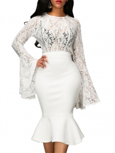 Fashion Flare Sleeve White Lace Midi Dress