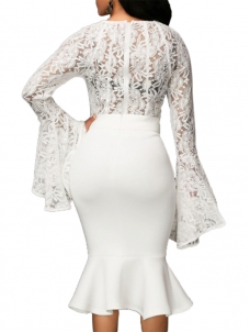 Fashion Flare Sleeve White Lace Midi Dress