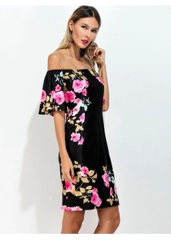 Fashion Flounce Layered Neckline Flower Print Dress