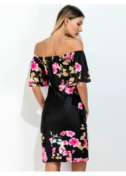 Fashion Flounce Layered Neckline Flower Print Dress