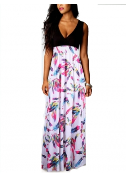 Feather Print Sleeveless V-Neck Maxi Dress