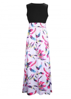 Feather Print Sleeveless V-Neck Maxi Dress