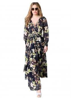 Floral Print Wrapped Long Boho Dress