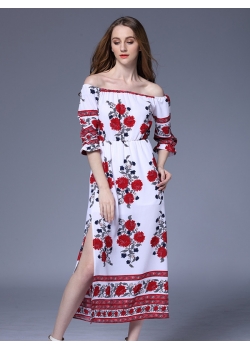 Flower Print Off Shoulder Long Boho Dress