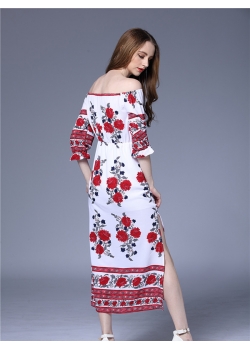 Flower Print Off Shoulder Long Boho Dress