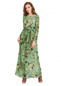 Green Blooming Flower Print Wrap Belt Boho Dress