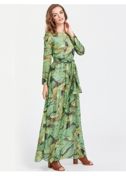 Green Blooming Flower Print Wrap Belt Boho Dress