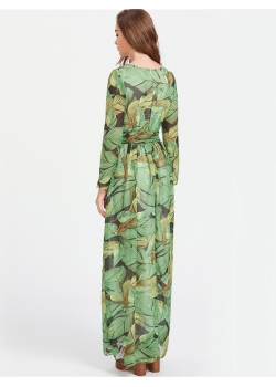 Green Blooming Flower Print Wrap Belt Boho Dress