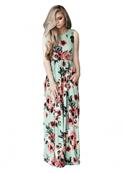 Green Flower Printed Sleeveless Dress