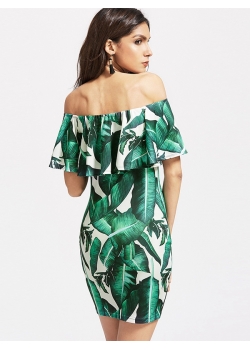 Green Sexy Flounce Layered Neckline Flower Print Dress