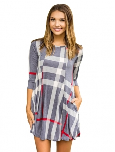Long Sleeve O-Neck Loose Casual Plaid Dress
