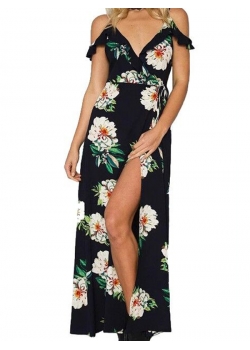 Navy Blue Print White Flower Sexy V Neck Maxi Dress