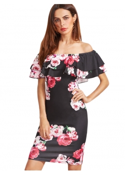 New Style Flounce Layered Neckline Flower Print Dress