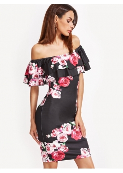 New Style Flounce Layered Neckline Flower Print Dress